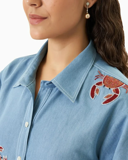 Crabby Beaded Embroidered Shirt