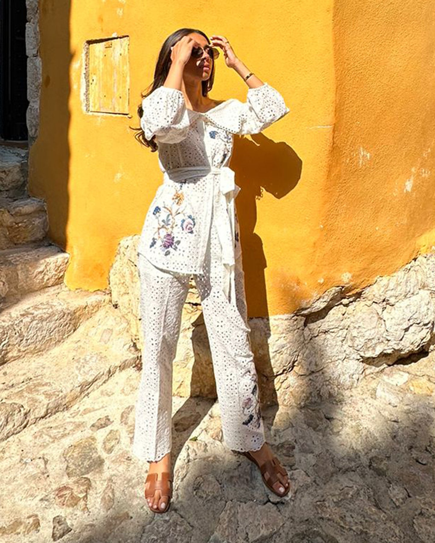 Cotton Eyelet Set With Floral Applique