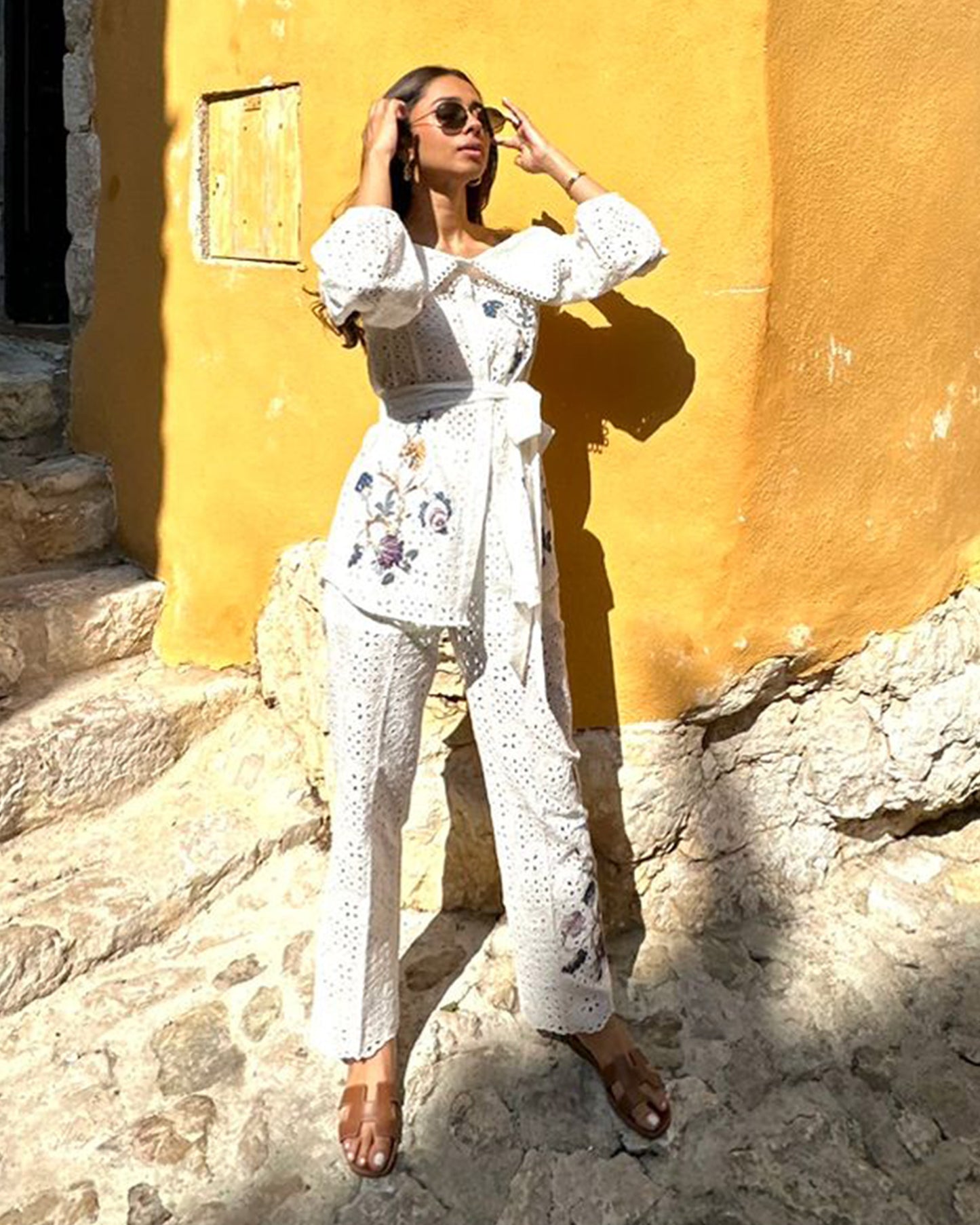 Cotton Eyelet Set With Floral Applique