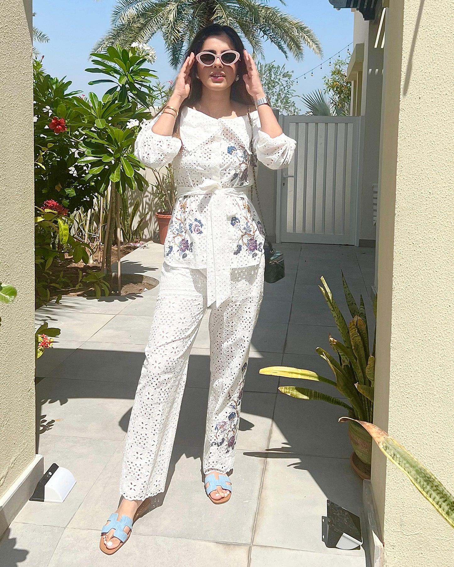 Cotton Eyelet Set With Floral Applique