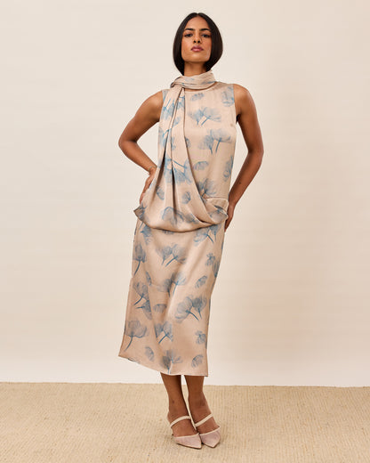 Soft Bloom Sleeveless Drape Midi Dress