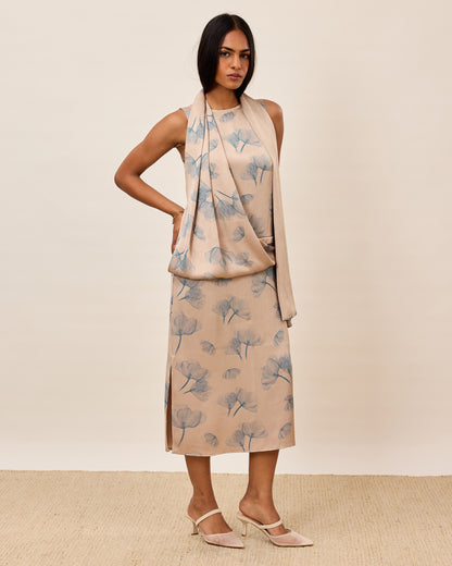 Soft Bloom Sleeveless Drape Midi Dress