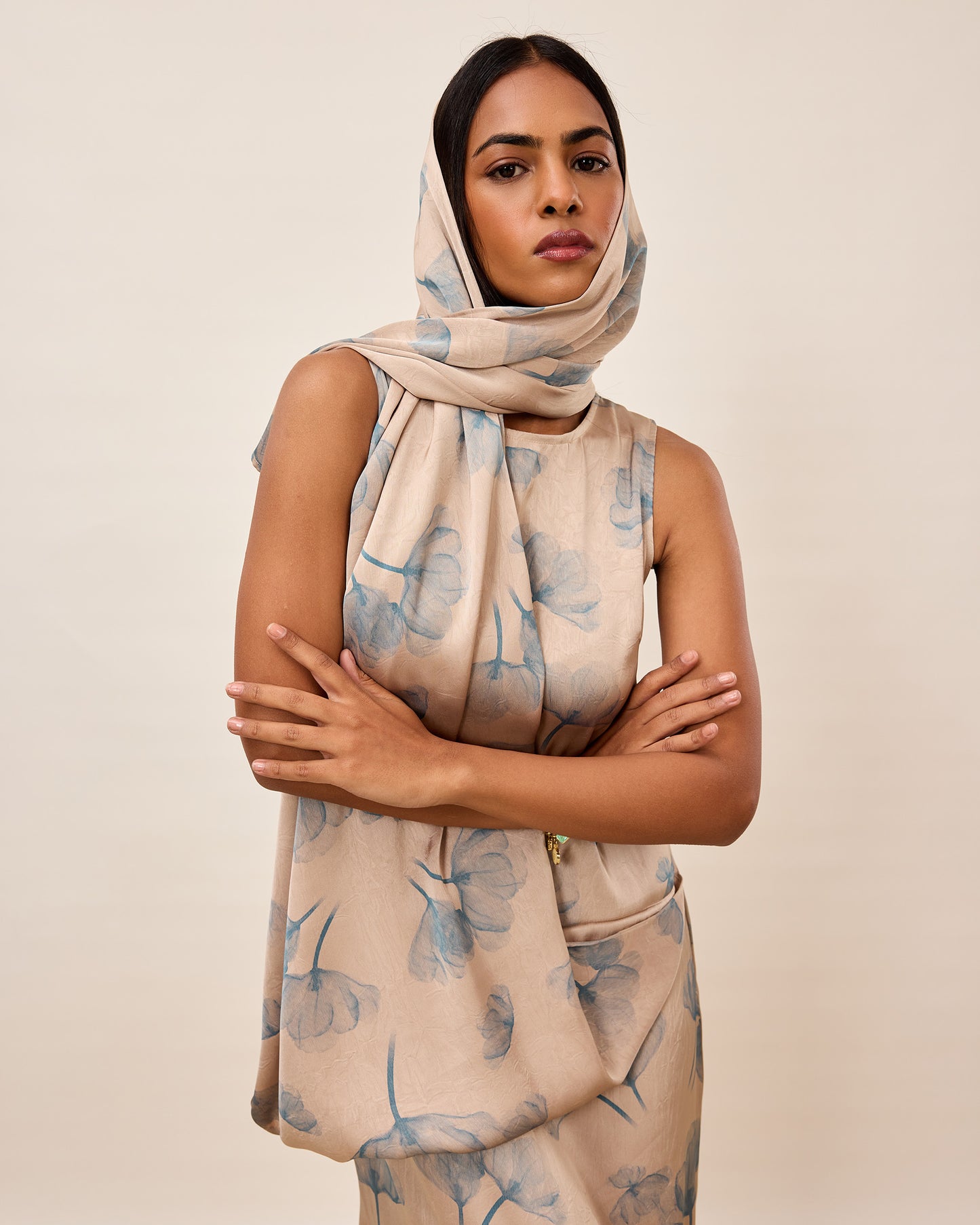 Soft Bloom Sleeveless Drape Midi Dress