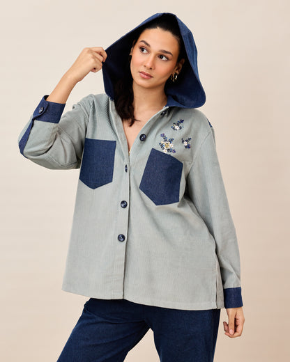 Two Tone Floral Corduroy Hoodie