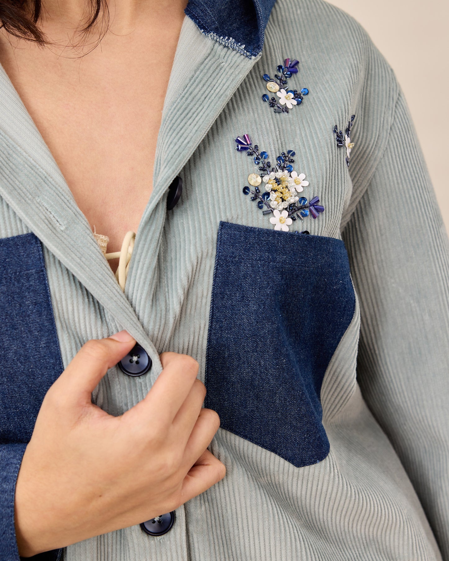 Two Tone Floral Corduroy Hoodie