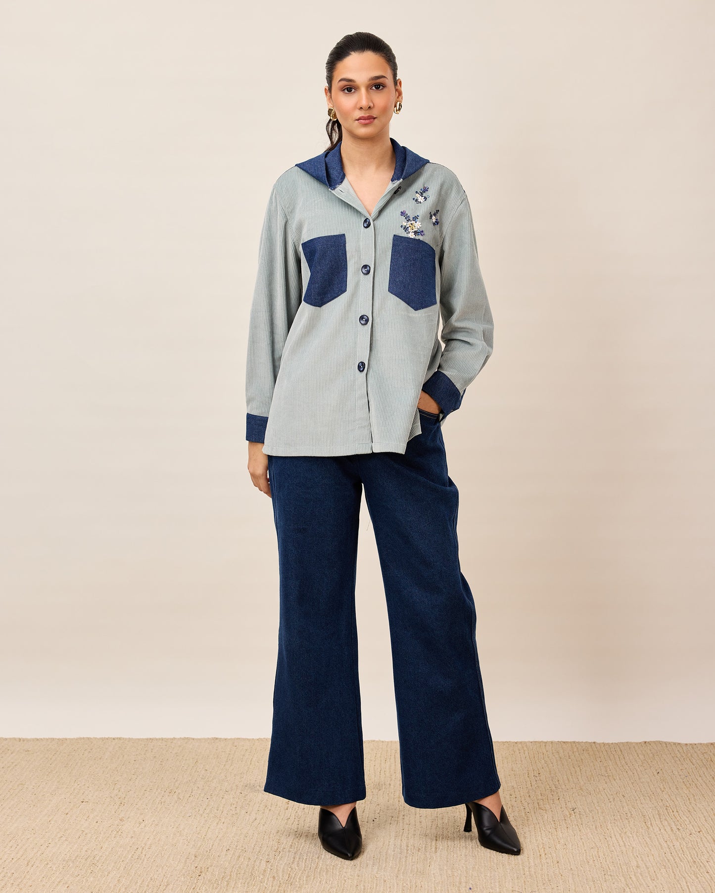 Two Tone Floral Corduroy Hoodie