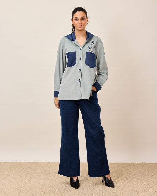 Two Tone Floral Corduroy Hoodie