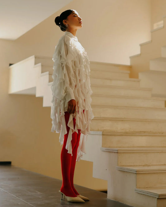 Ripple Ruffle White Shirt Dress